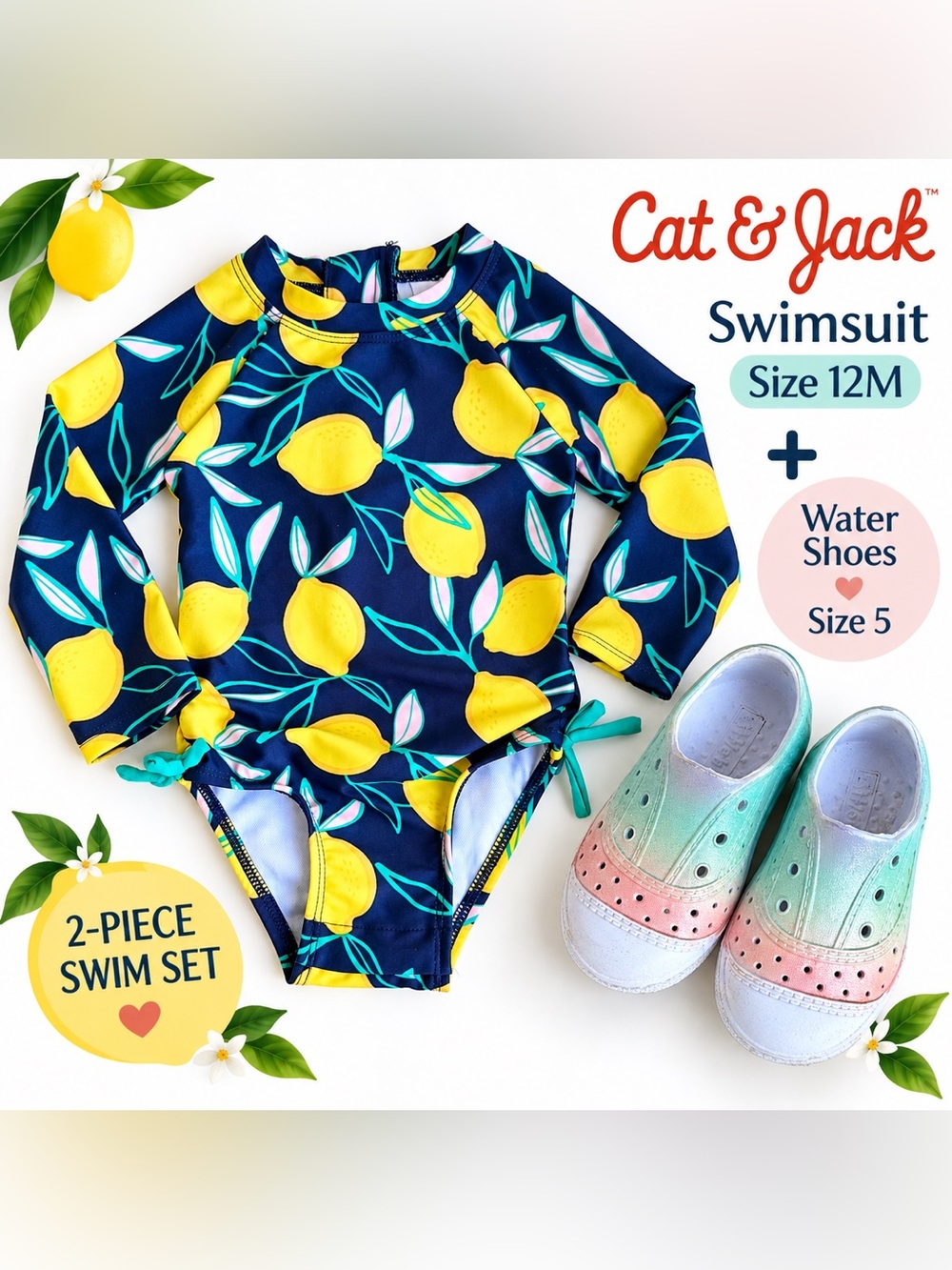 Cat & Jack Baby Girl Lemon Swimsuit 12M + Water Shoes Size 5